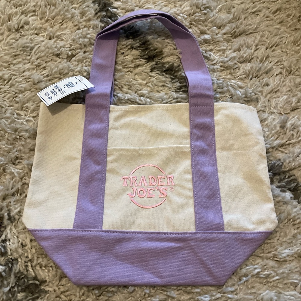 Trader Joe's Mini Pastel Canvas Tote Bag in Purple with Pink Embroidery